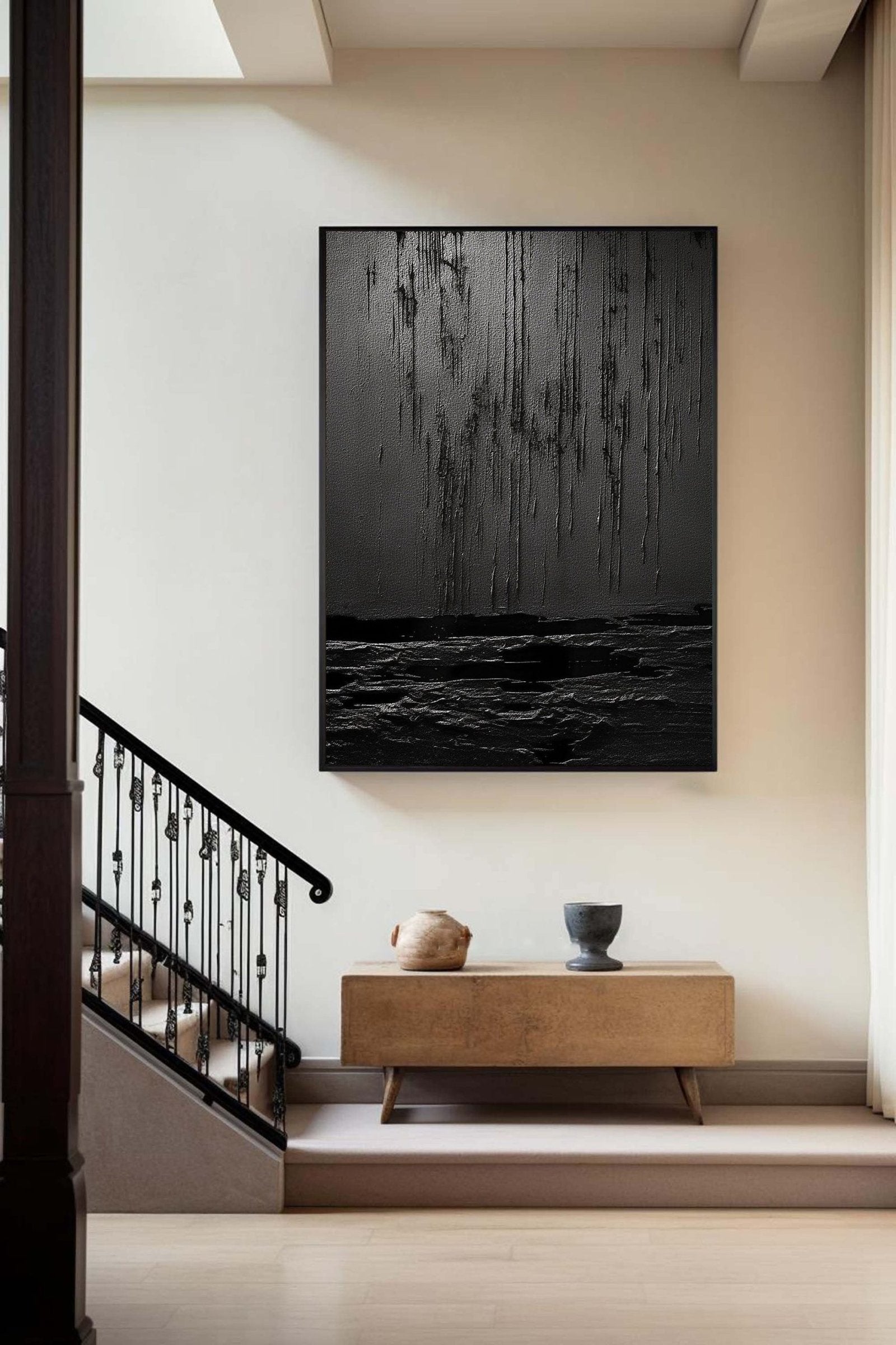 Nocturne Terrain: A Bold Textured Black Abstract Wall Art for Modern Interiors
