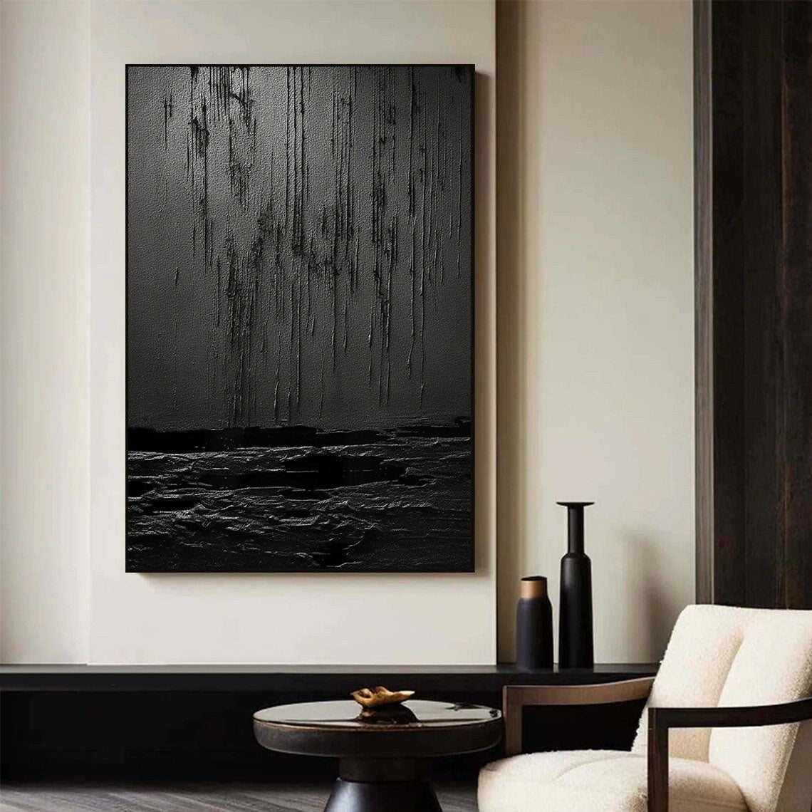 Nocturne Terrain: A Bold Textured Black Abstract Wall Art for Modern Interiors