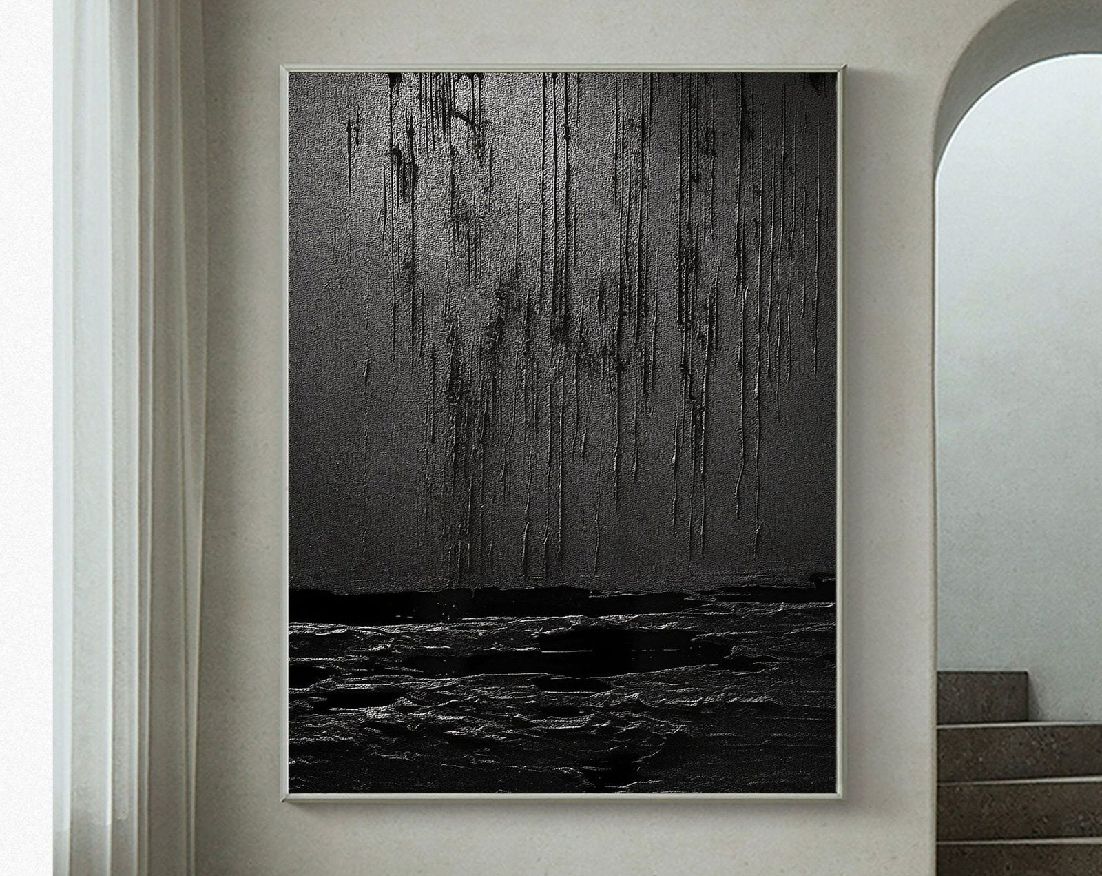 Nocturne Terrain: A Bold Textured Black Abstract Wall Art for Modern Interiors