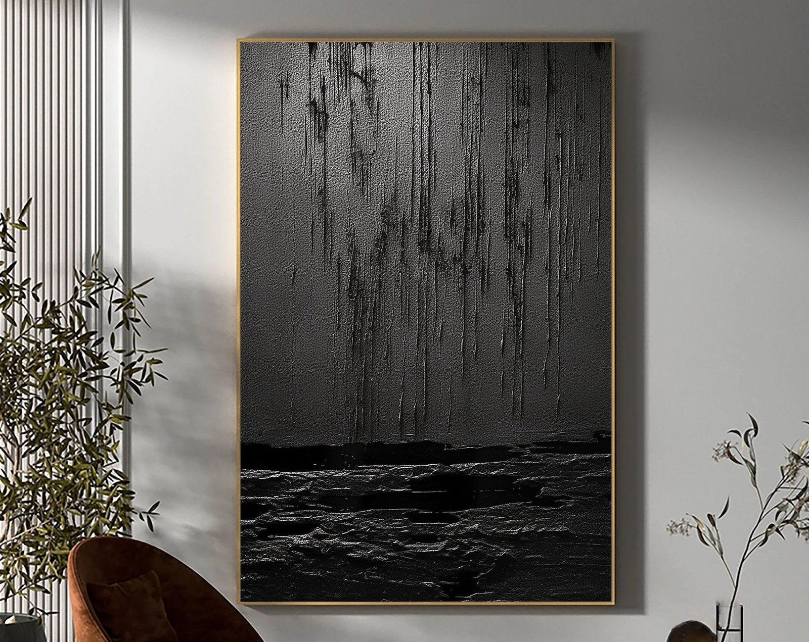 Nocturne Terrain: A Bold Textured Black Abstract Wall Art for Modern Interiors