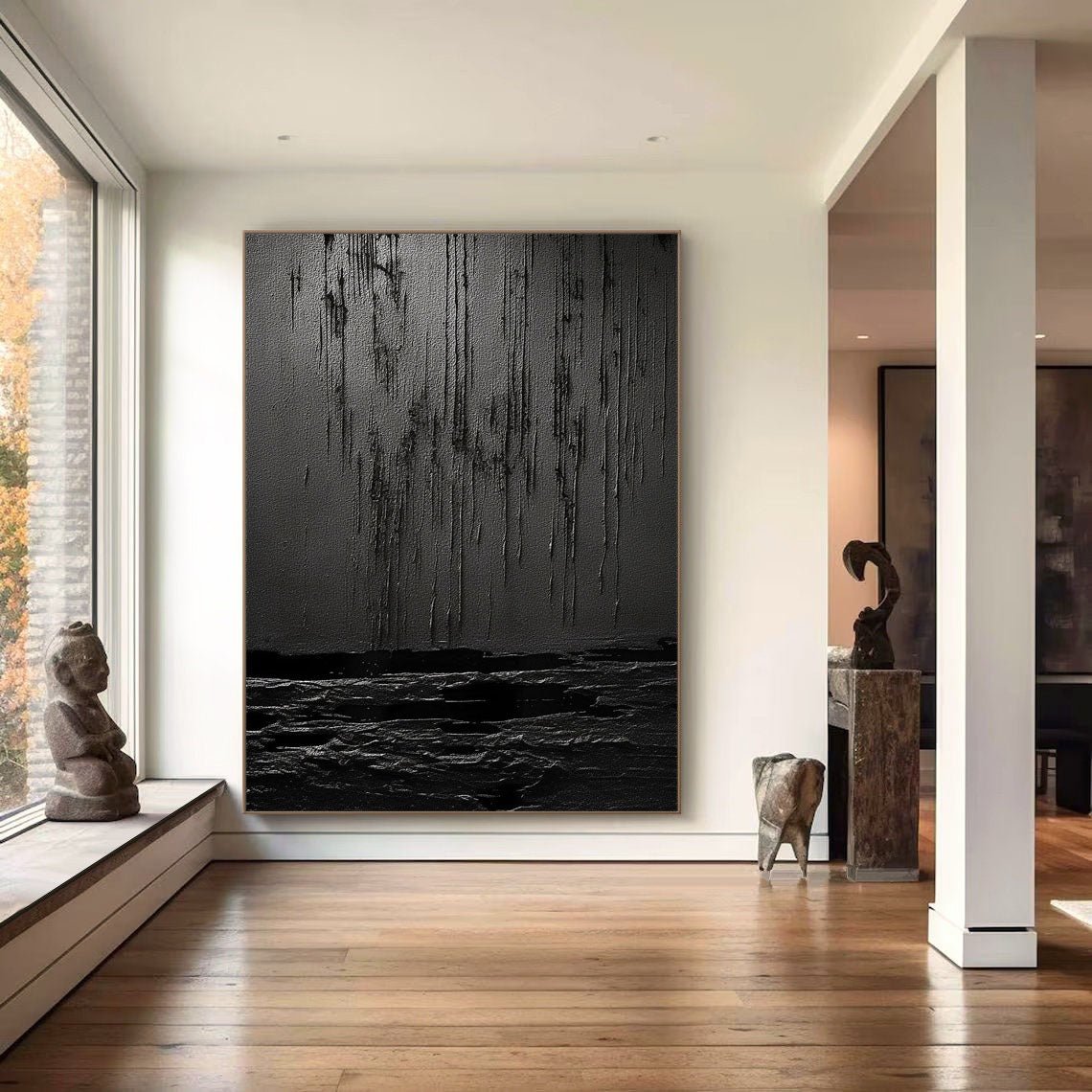 Nocturne Terrain: A Bold Textured Black Abstract Wall Art for Modern Interiors
