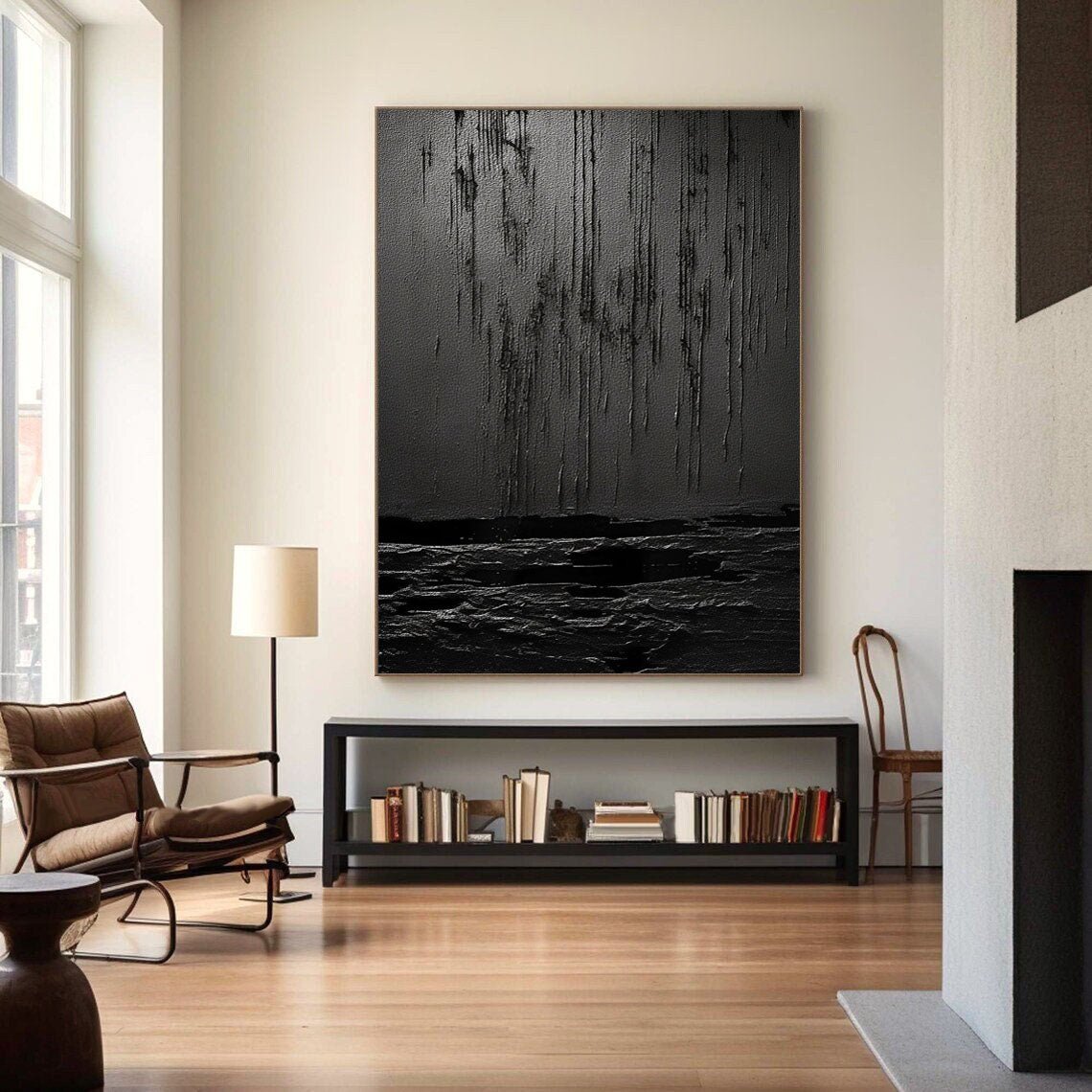 Nocturne Terrain: A Bold Textured Black Abstract Wall Art for Modern Interiors