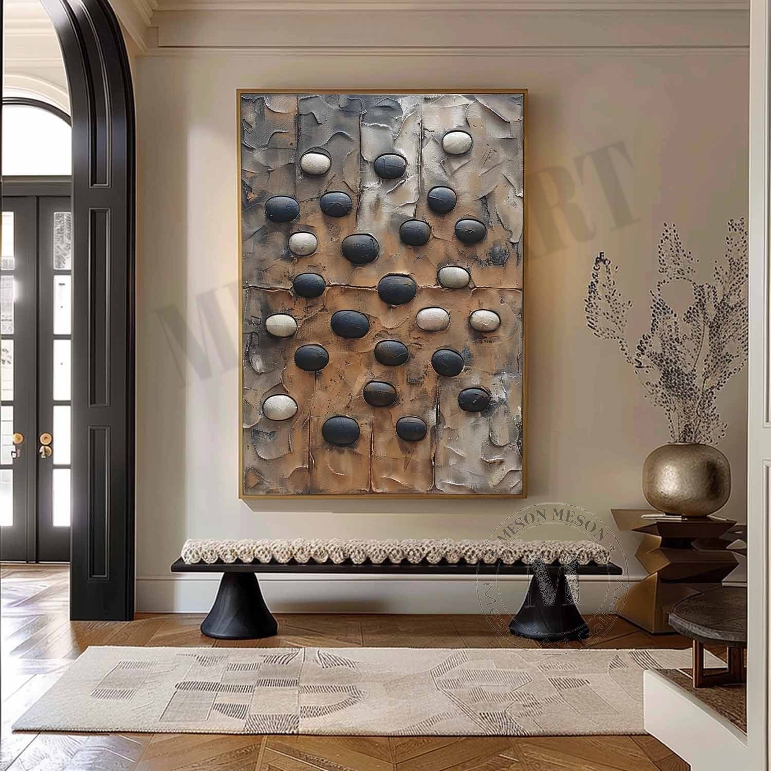 Earthen Mosaic: Wabi Sabi Textured Abstract Painting with 3D Black and White Stones