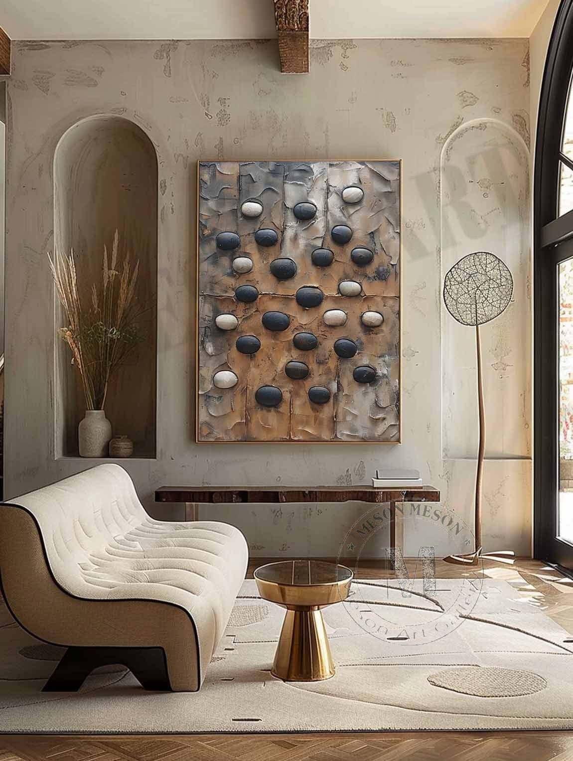 Earthen Mosaic: Wabi Sabi Textured Abstract Painting with 3D Black and White Stones