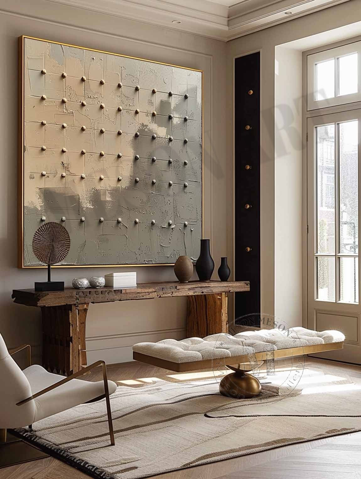 Wabi Sabi Neutral Grid Textured Wall Art, Minimal Abstract Square Canvas for Living Room Decor