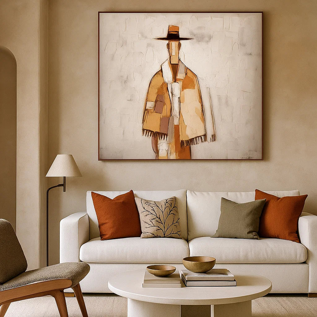 Neutral Textured Figure Wall Art, Beige Brown Abstract Canvas for Living Room