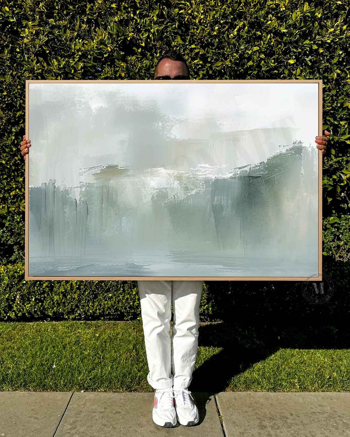 Misty Green Landscape Wall Art, Minimal Blue Gray Textured Canvas for Living Room
