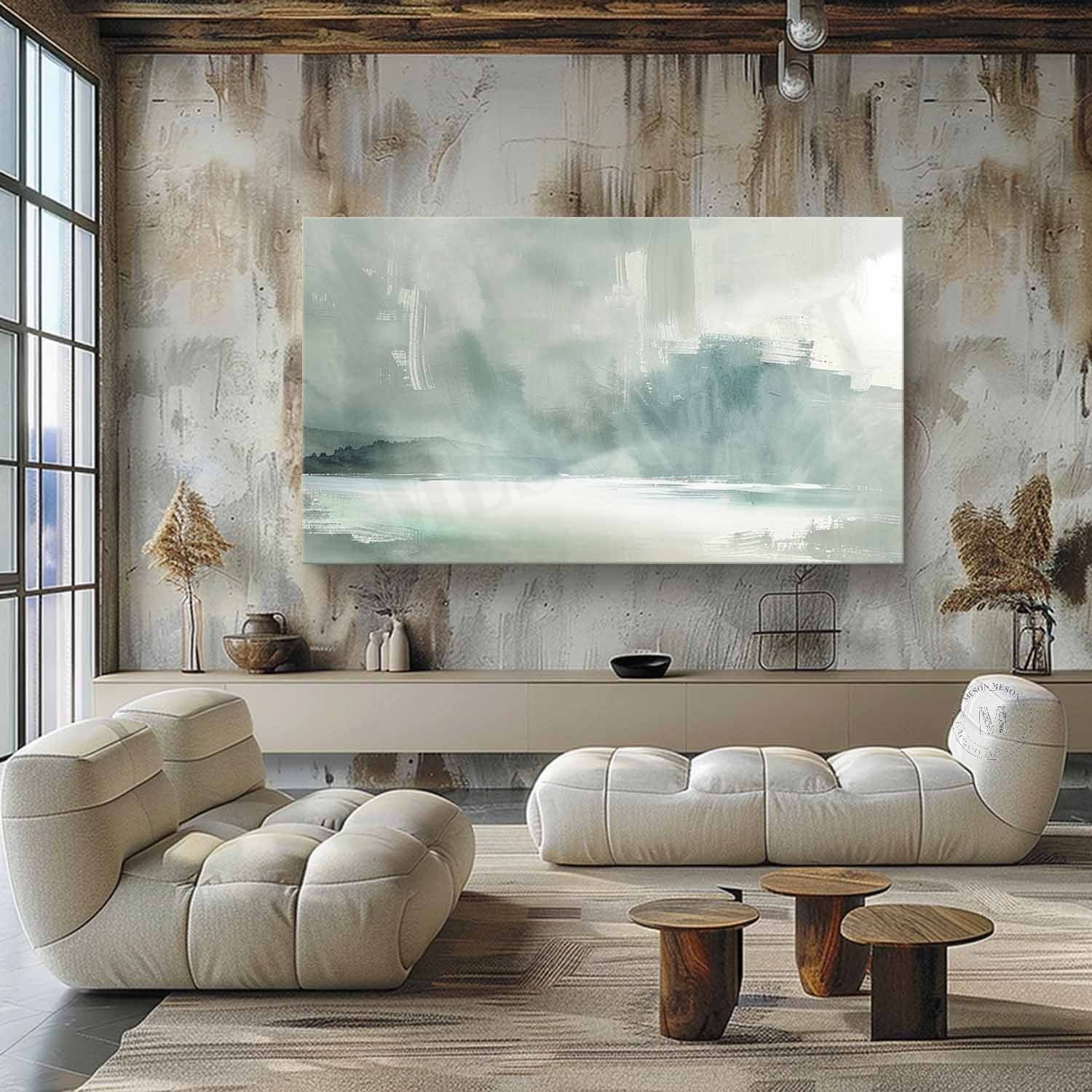 Soft Blue Coastal Landscape Wall Art, Minimal Textured Canvas for Living Room Decor