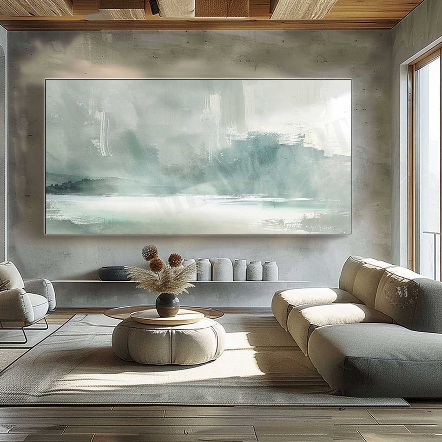 Soft Blue Coastal Landscape Wall Art, Minimal Textured Canvas for Living Room Decor