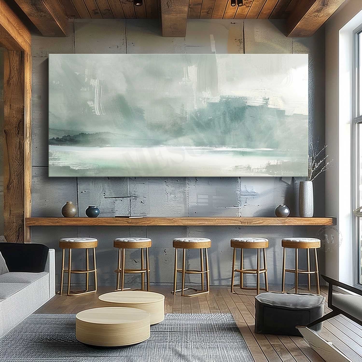 Soft Blue Coastal Landscape Wall Art, Minimal Textured Canvas for Living Room Decor