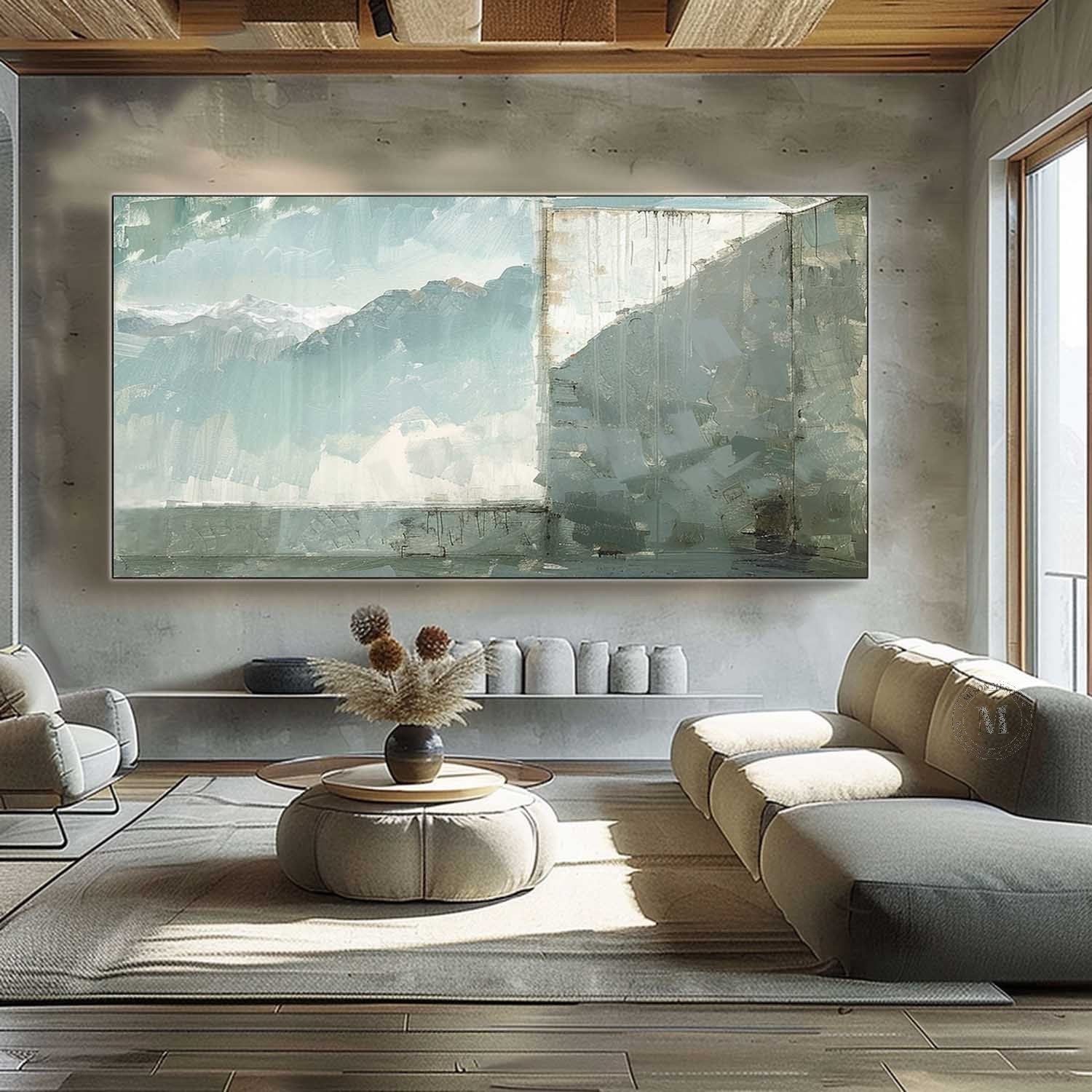 Blue Green Mountain Landscape Wall Art, Minimal Textured Canvas for Living Room