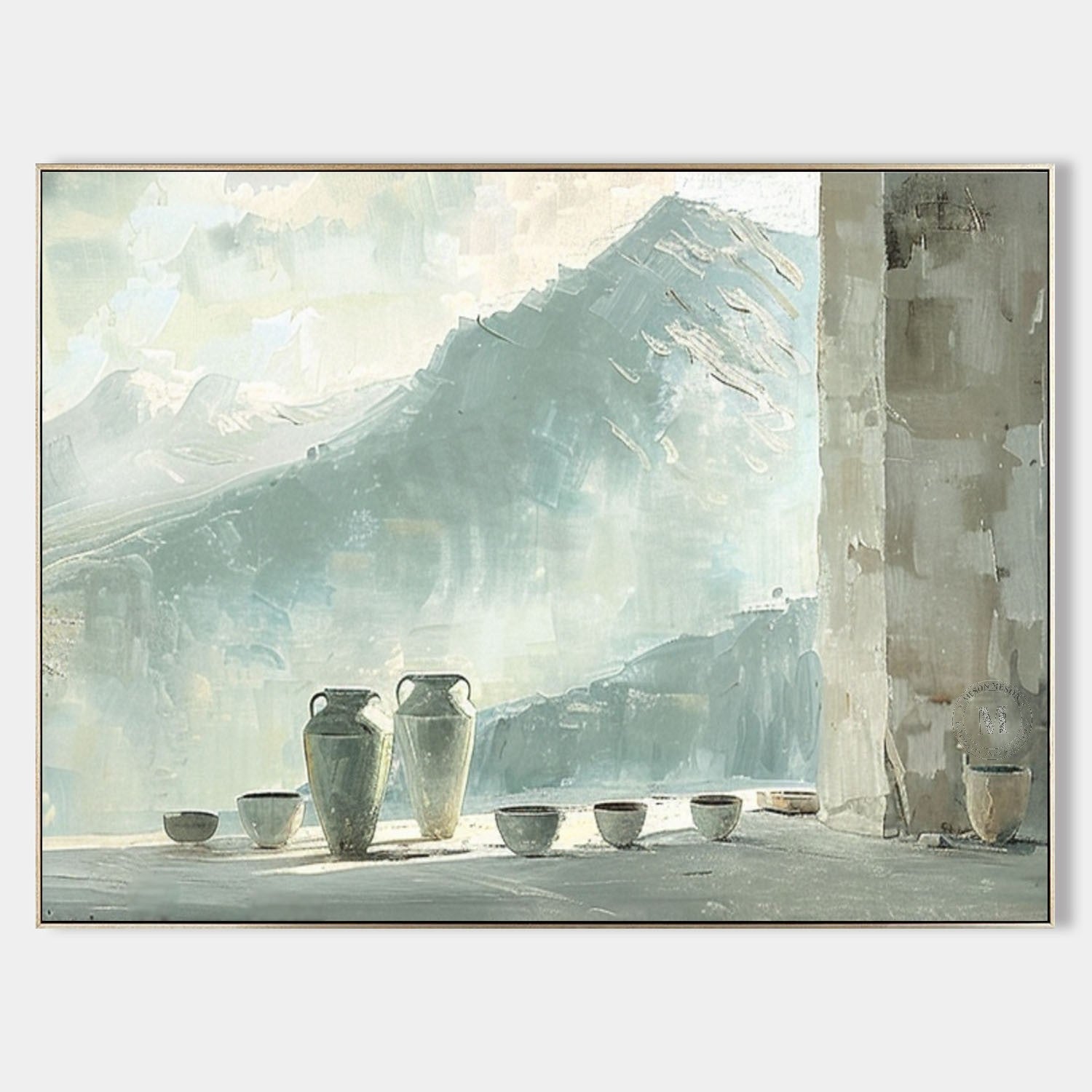 Mountain View Pottery Still Life Wall Art, Blue Neutral Textured Canvas for Living Room