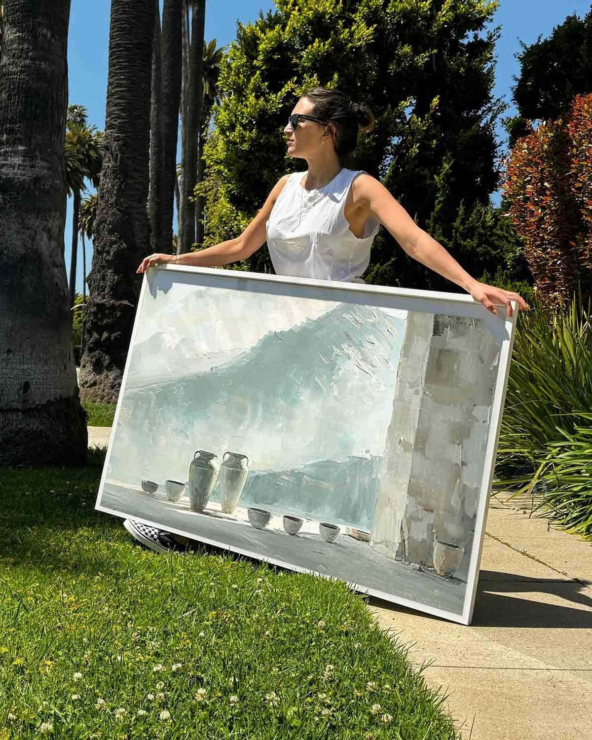 Mountain View Pottery Still Life Wall Art, Blue Neutral Textured Canvas for Living Room