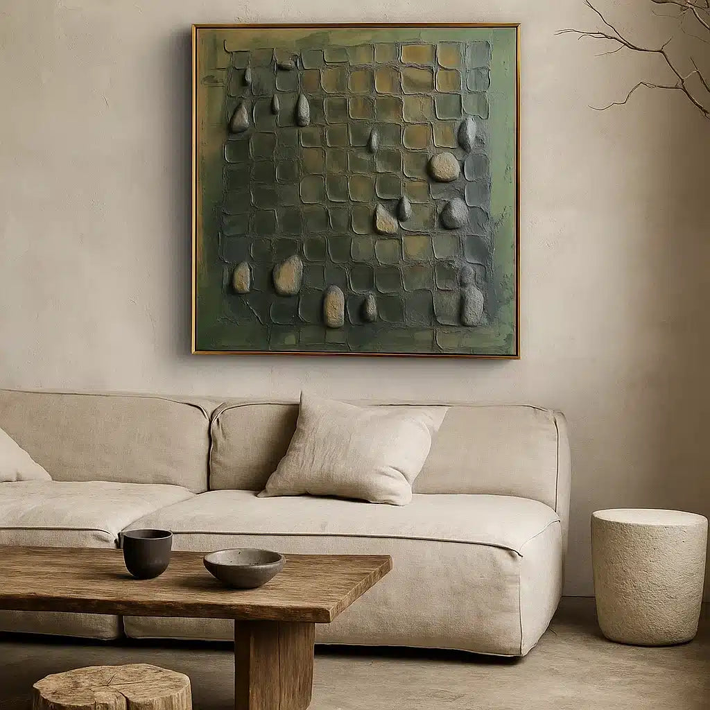 Cobbled Earth: Industrial Green Wabi Sabi Textured Wall Art with 3D Stone Relief
