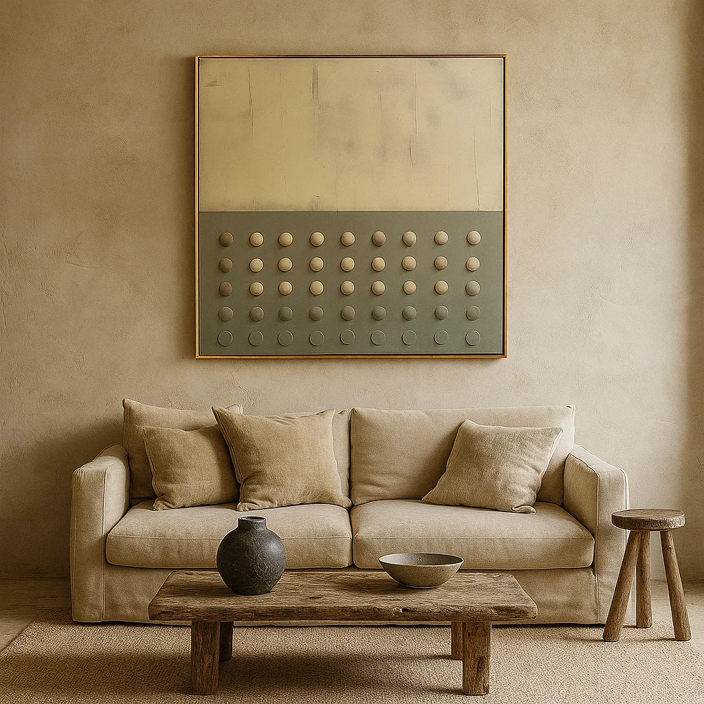 Wabi Sabi Neutral Dot Grid Textured Wall Art, Minimal Square Canvas for Living Room