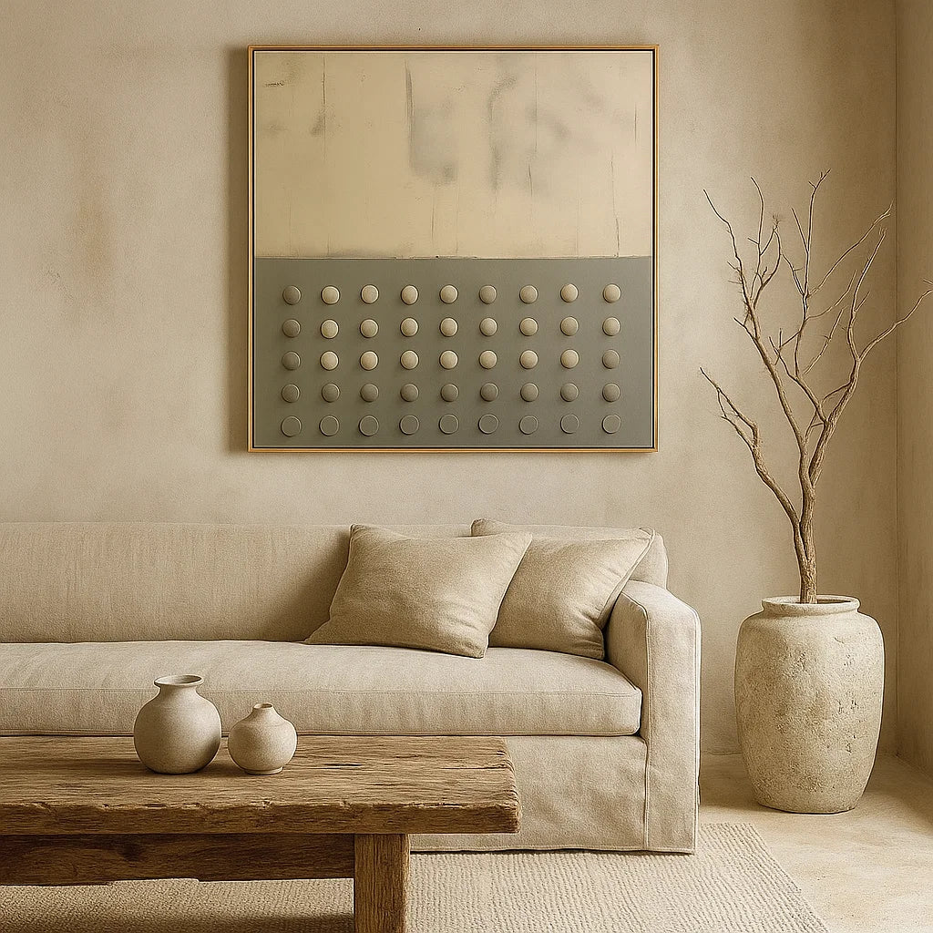 Wabi Sabi Neutral Dot Grid Textured Wall Art, Minimal Square Canvas for Living Room