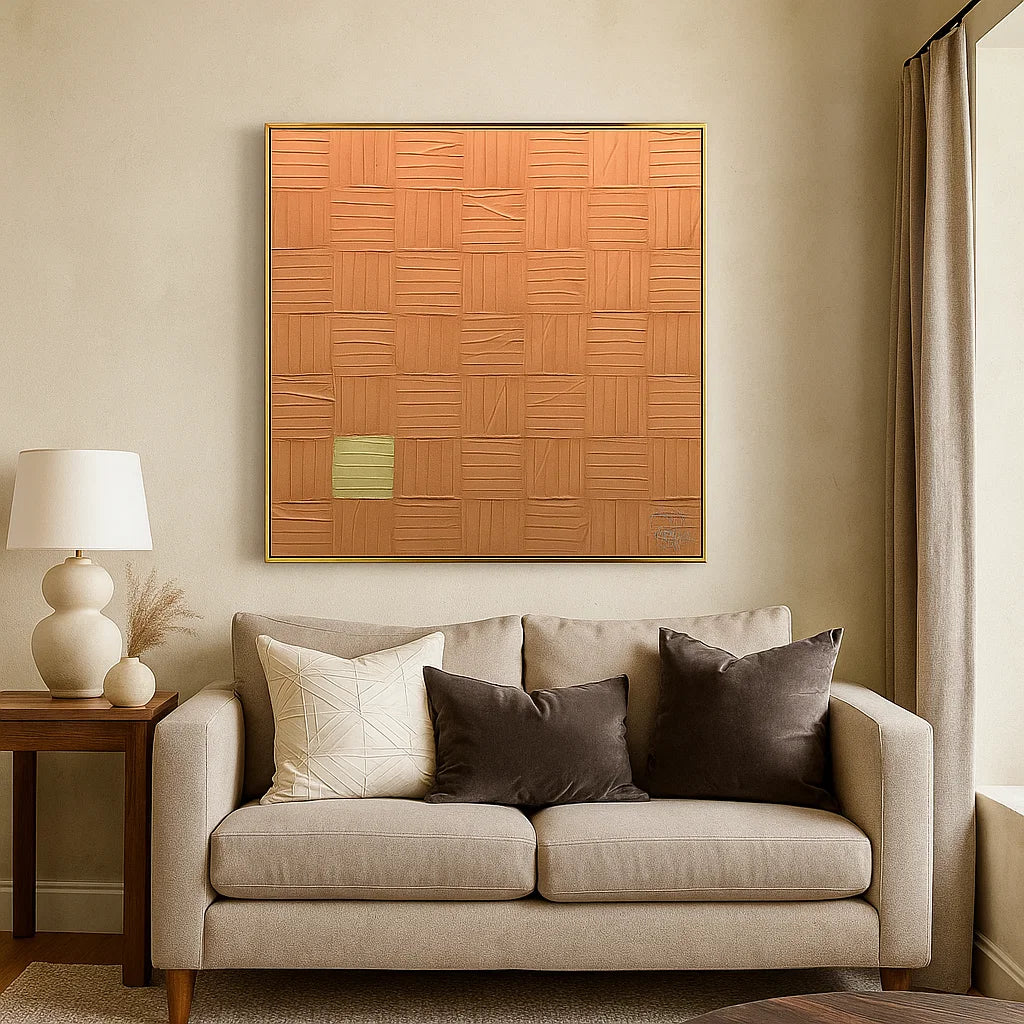 Wabi Sabi Terracotta Grid Textured Wall Art, Minimal Abstract Square Canvas for Living Room