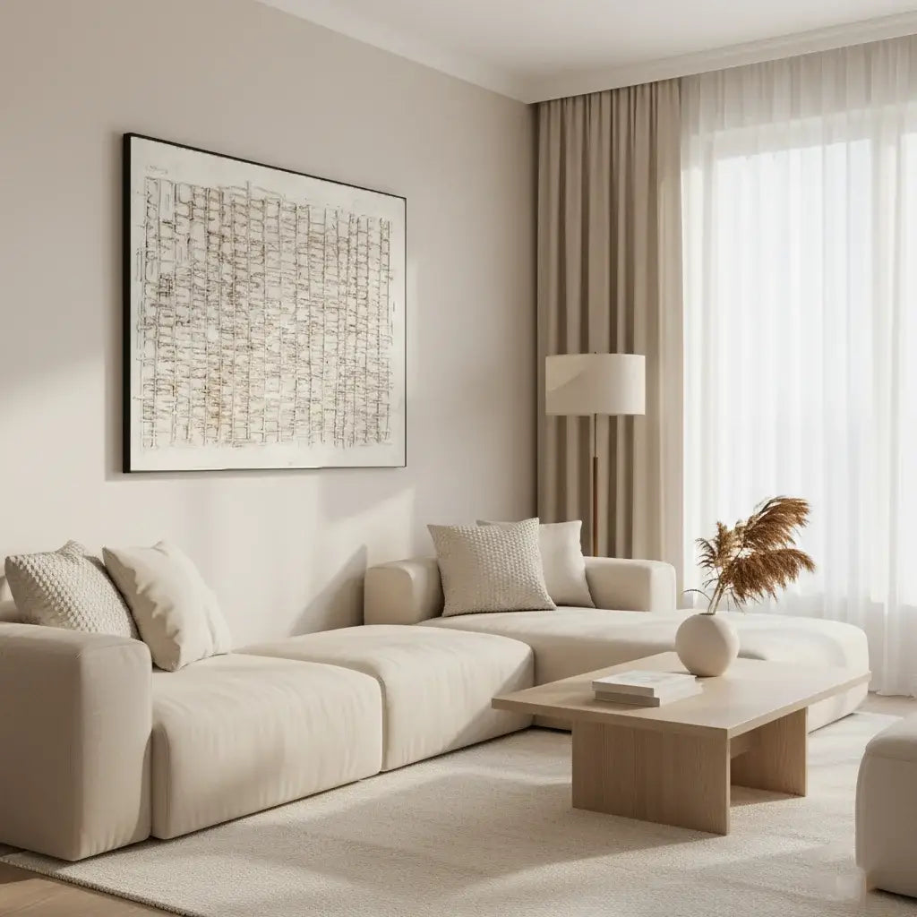 Pale Lattice: Textured Minimalist Abstract Painting with 3D Grid Relief