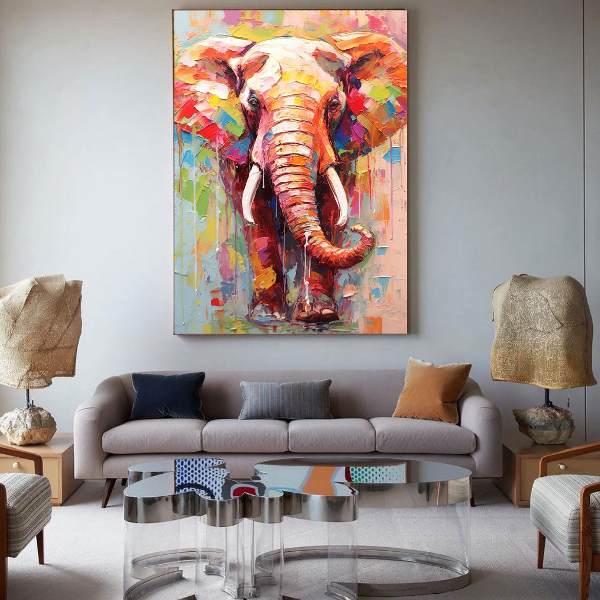 Chromatic Spirit: Vibrant Elephant Wall Art for Living Room Decor